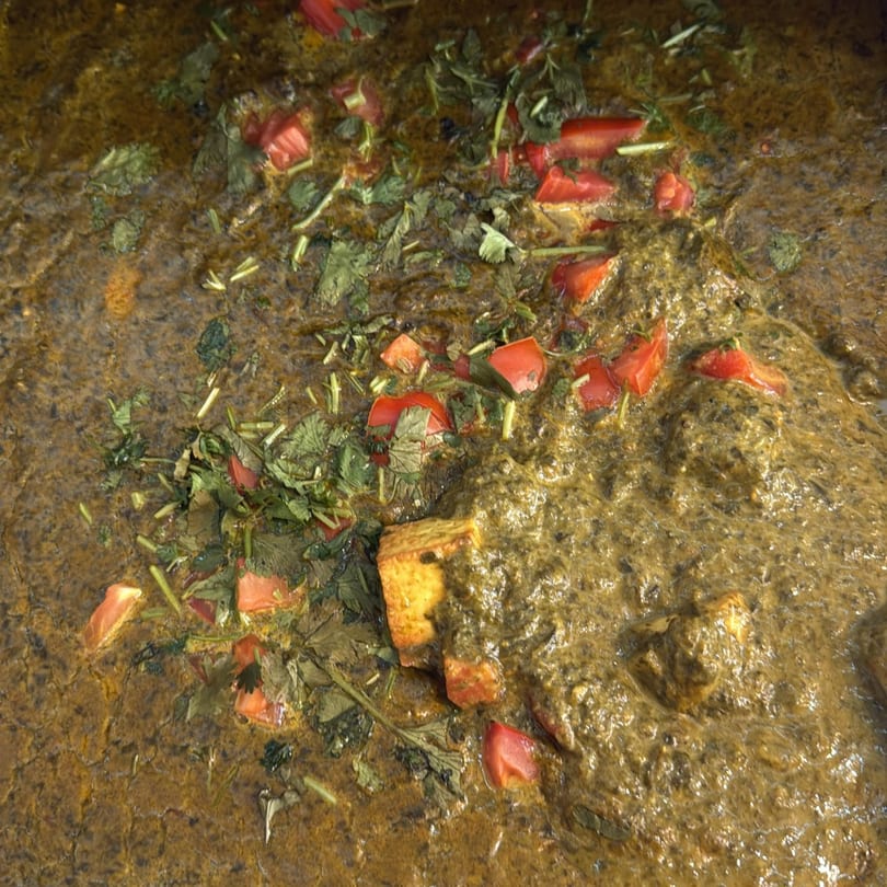 Close-up of a rich, green Nepalese curry with paneer, fresh cilantro, and diced tomatoes.